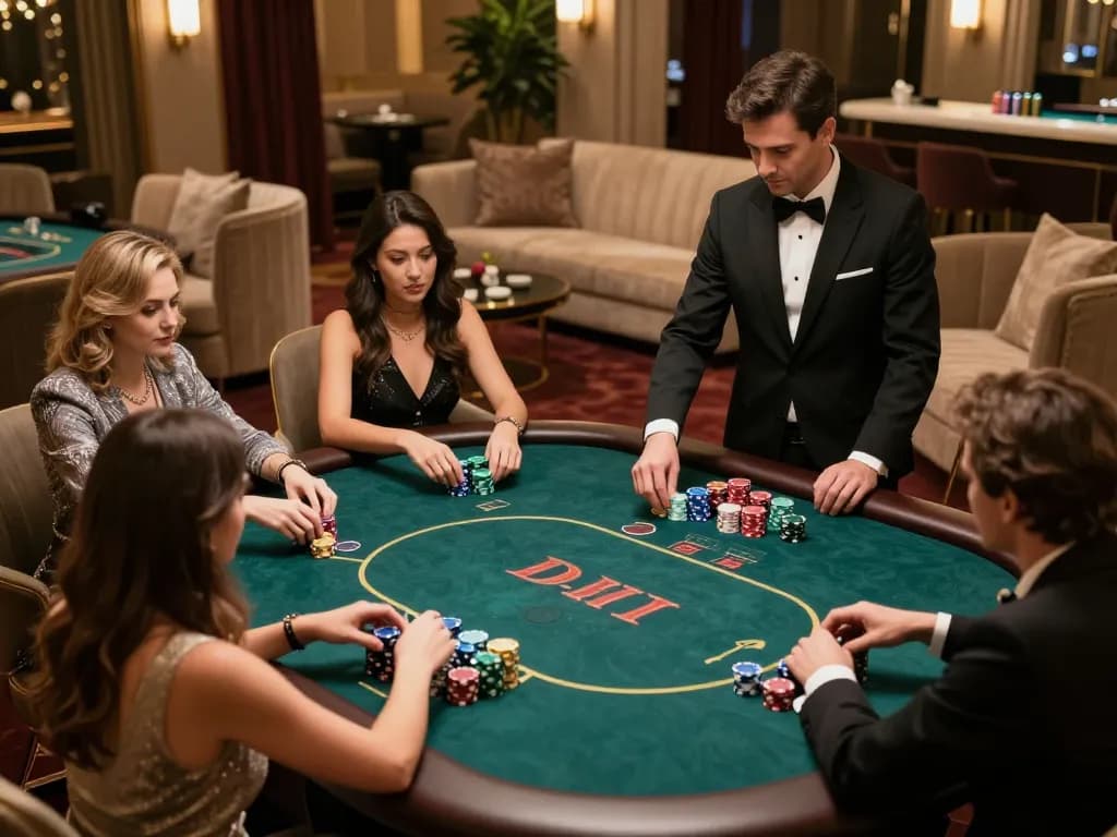 RR88 players strategizing in an exclusive poker setup, capturing the thrill and elegance of luxury gambling.