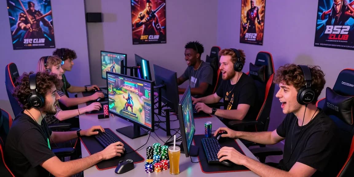 Exciting group of gamers enjoying B52Club games in a vibrant setup with snacks and controllers
