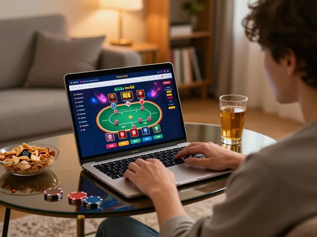 Player enjoying online gaming at Nhà cái mv66 with poker options displayed on laptop.