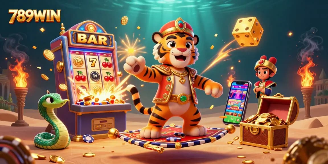 Experience thrilling gameplay with 789WIN's vibrant slot machine scene bursting with jackpots and excitement.