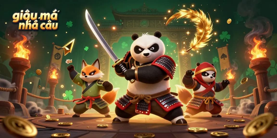 Experience the thrill of giải mã nhà cái as a samurai panda battles with a ninja fox, set in an enchanting casino arena.
