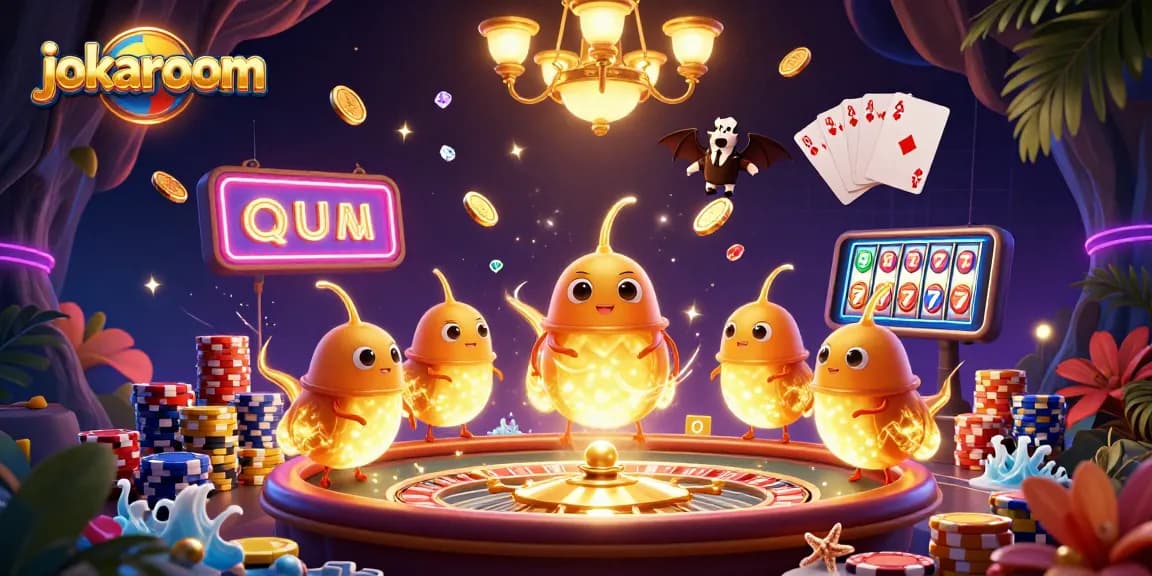 Play at jokaroom with vibrant glowworms illuminating a dynamic casino scene full of games and cash.