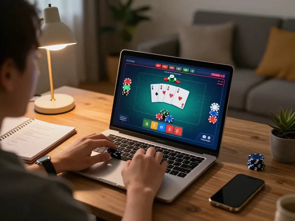 Engaging in online casino gaming with ALO8 link vào alo8 on a laptop in a cozy living room.