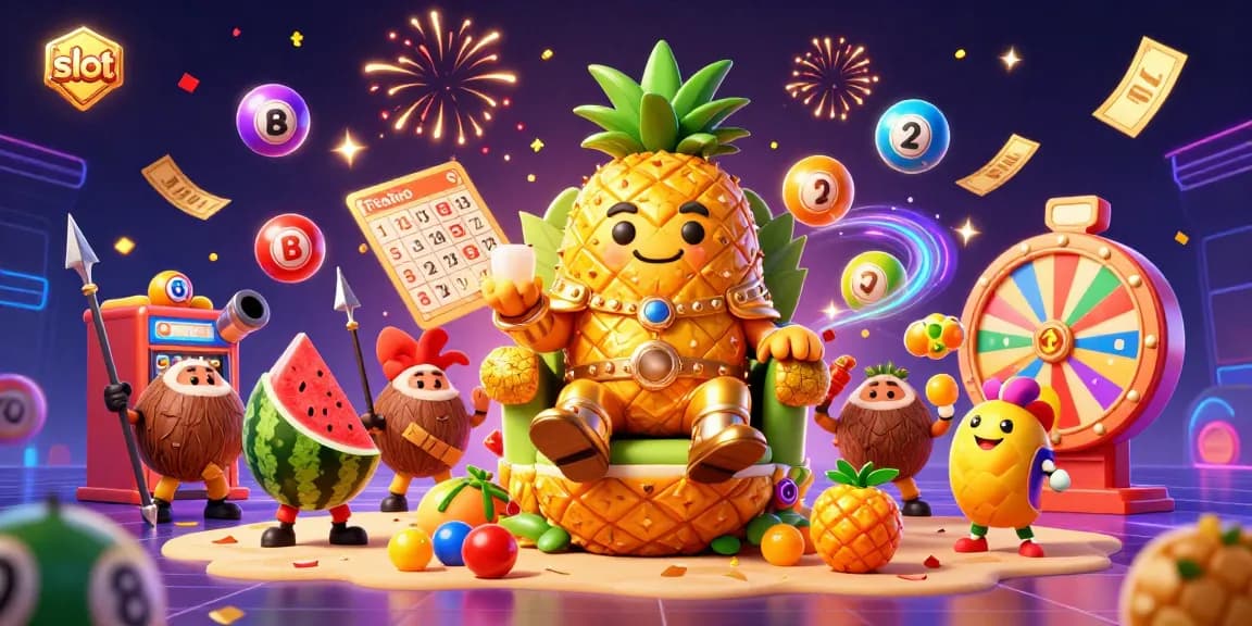 Spin and win at the vibrant slot game with the golden pineapple king and lively characters.