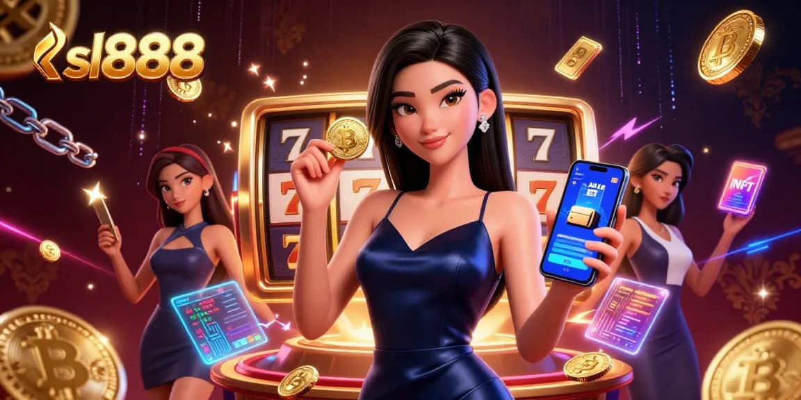 Spin the reels at sl888 with a glamorous lady featuring Bitcoin and Ethereum elements.