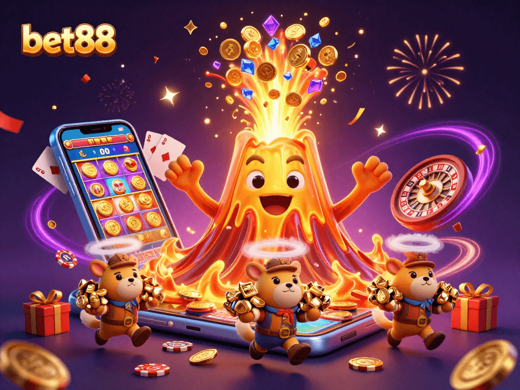 bet88 showcases a golden volcano erupting treasure, enthralling players with a vibrant casino scene.