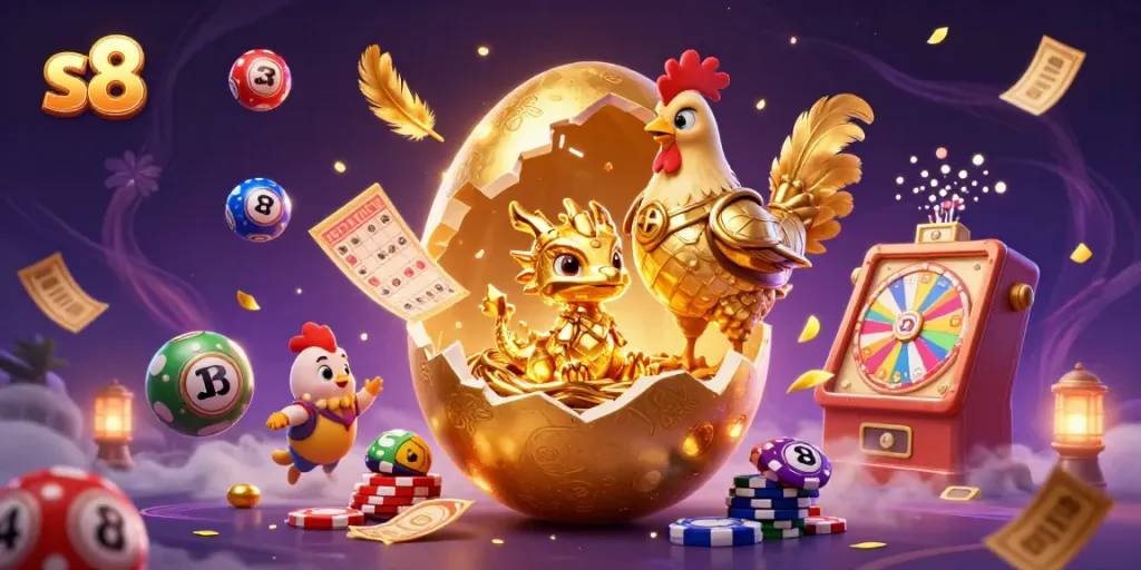 Experience the excitement of gambling with the vibrant s8 casino scene featuring a golden dragon, poker chips, and dynamic game elements.