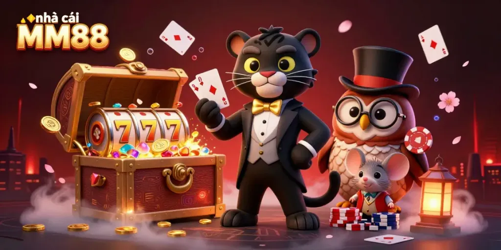 Engage with nhà cái MM88 as a stylish panther deals cards in a vibrant casino scene.