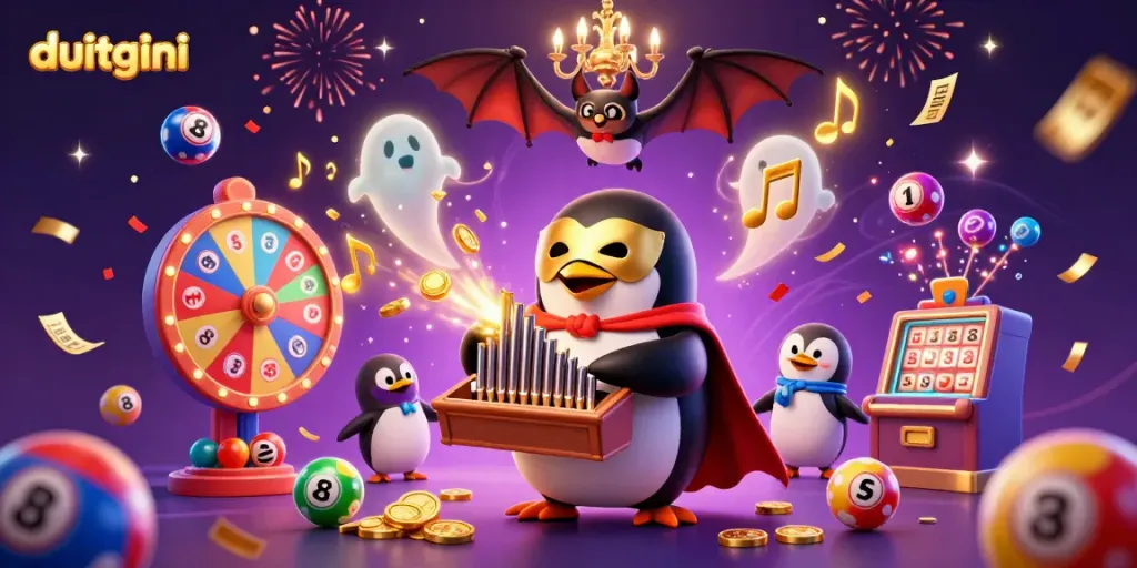 Engage with duitgini's vibrant lottery scene featuring a penguin orchestrating a coin-generating organ amidst colorful balls and gold confetti.