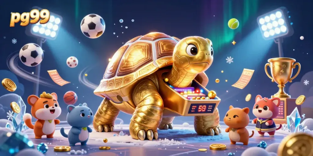 Experience gaming excitement with pg99's golden tortoise and vibrant sports elements!