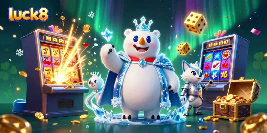 Experience excitement with luck8's colorful casino scene featuring a polar bear and fox amid slot machines.