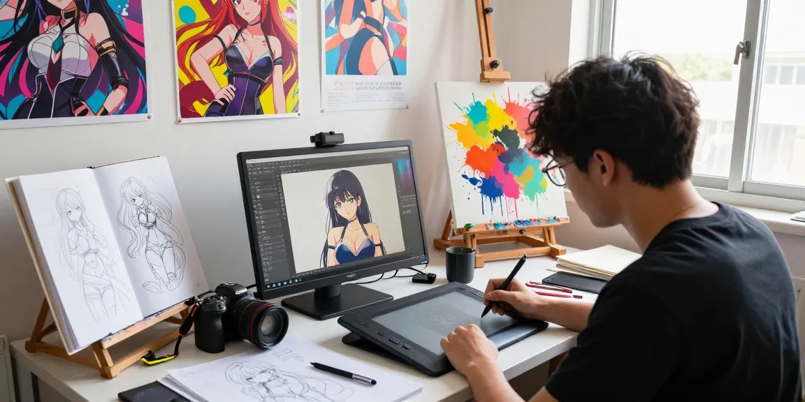 Artist illustrating AI ecchi characters in a vibrant creative studio