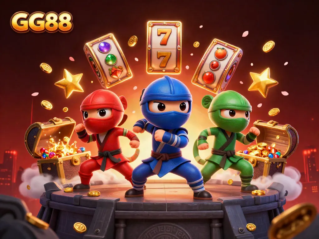 Explore thrilling GG88 slots with colorful chameleons and explosive treasures in this vibrant illustration.