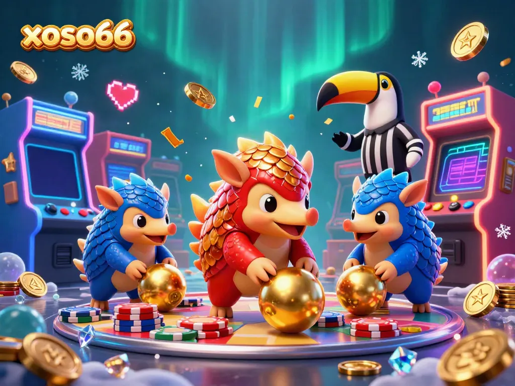 Xoso66 pangolins bowling through poker chips in a vibrant casino arcade scene.