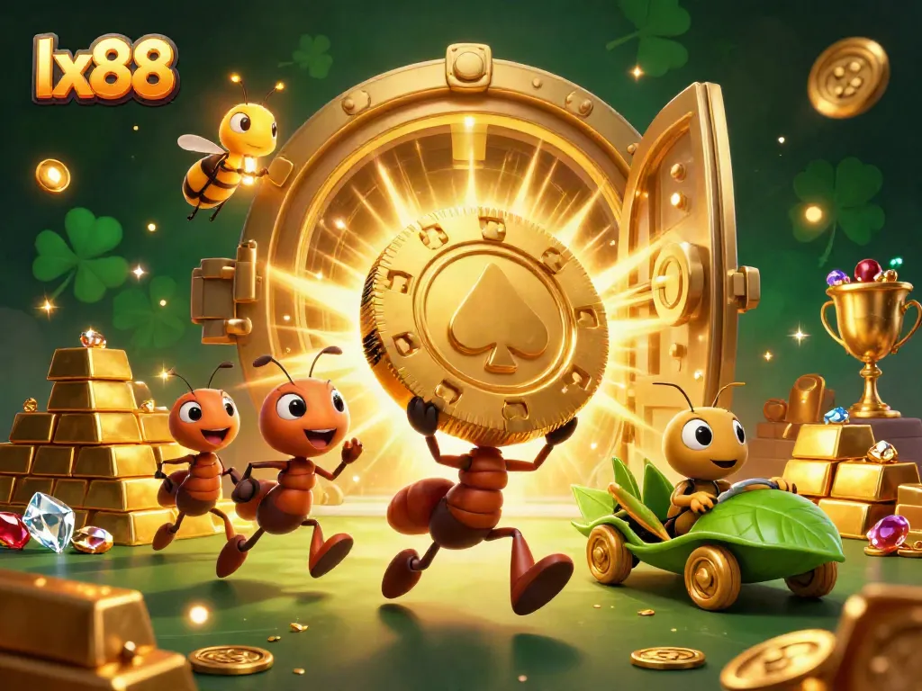 Spin the reels of fortune with lx88, featuring ants carrying a giant poker chip and casino treasures.