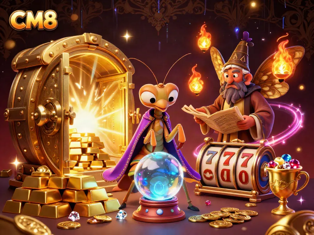 Engage with CM8's thrilling online casino ambiance featuring a fortune teller, gems, and slot reels.