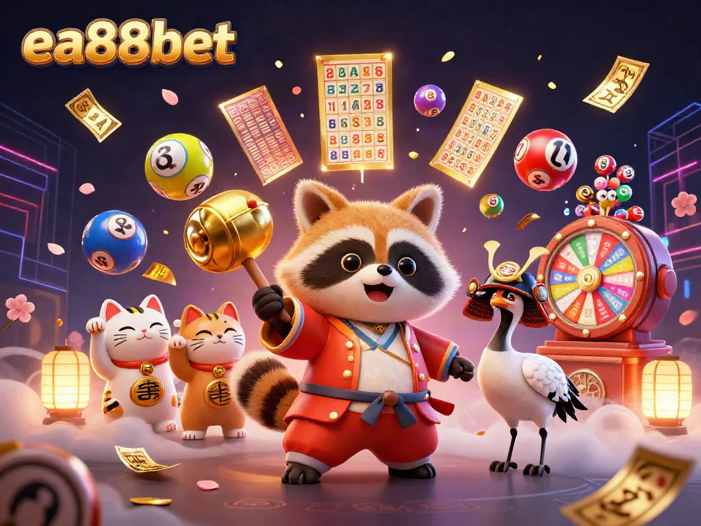 ea88bet celebrates wins with colorful lottery elements and charming tanuki characters.