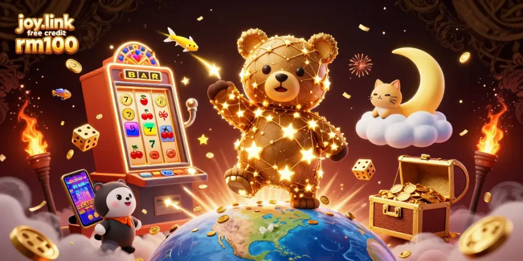 Enhance your gameplay with joy.link free credit rm100, featuring a 3D casino illustration of slot machines and festive symbols.