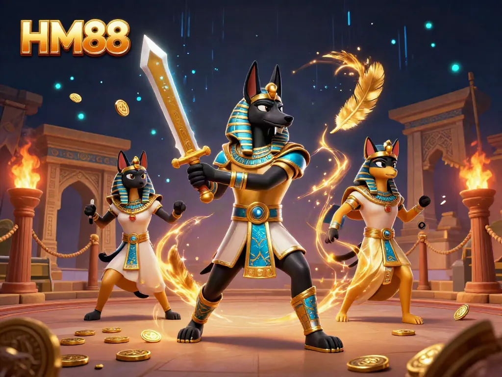 Experience thrilling gaming at HM88 with Anubis and Bastet in vibrant casino atmosphere.
