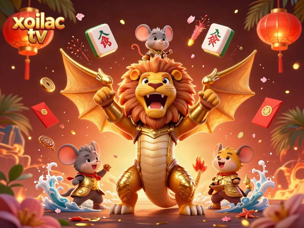 Xoilac TV showcases a vibrant and dynamic scene with a chimera in golden armor, invoking the thrill of live gambling action.