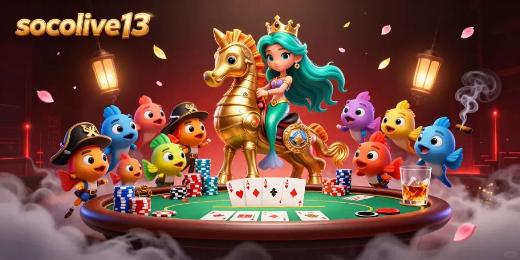 Experience high-speed betting action on socolive13 with a whimsical 3D scene featuring poker elements and colorful characters.