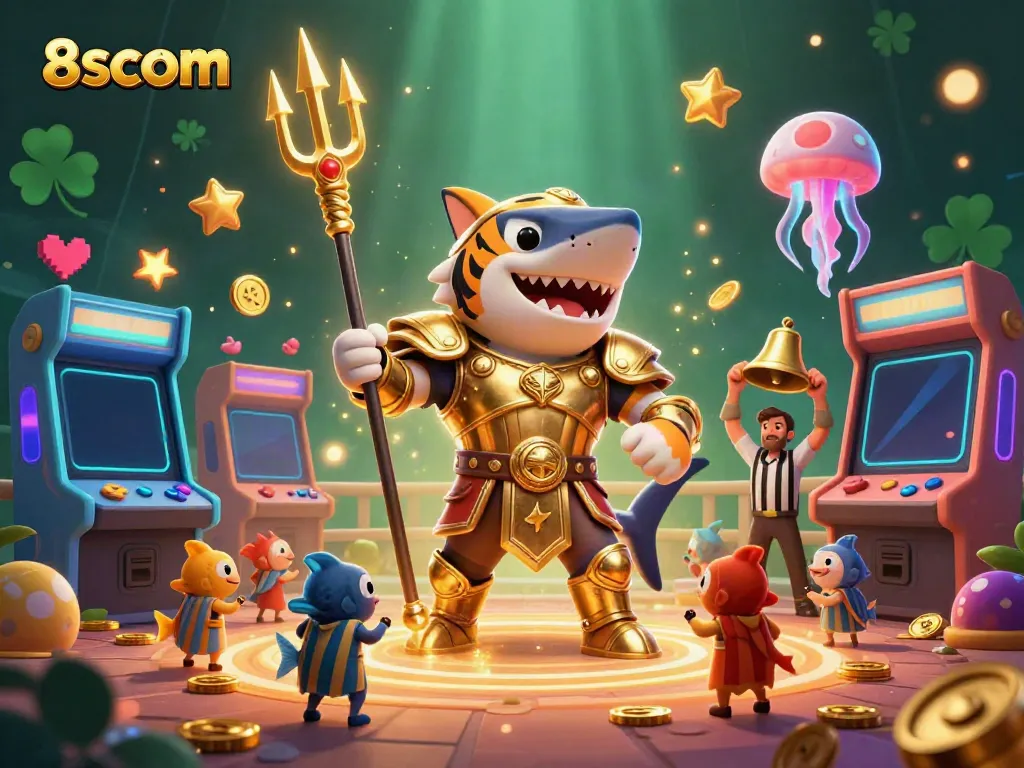 Immerse in the 8scom casino experience with a captivating tiger shark in gladiator armor wielding a trident.