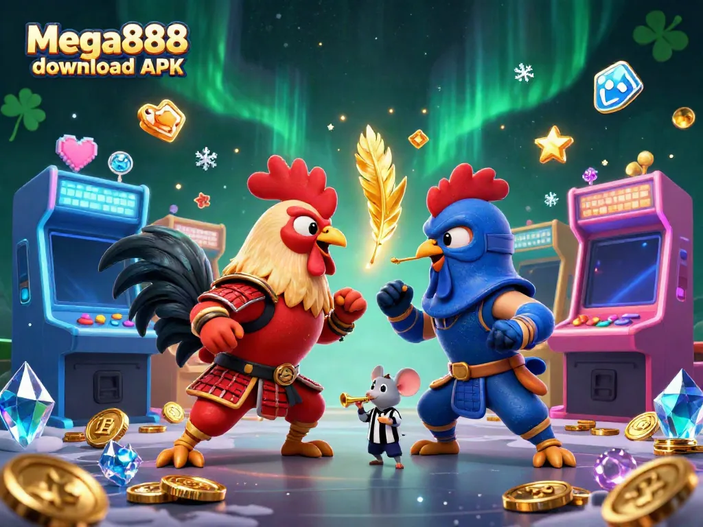 Engage with the Mega888 download APK illustration showcasing a vibrant casino battle scene.