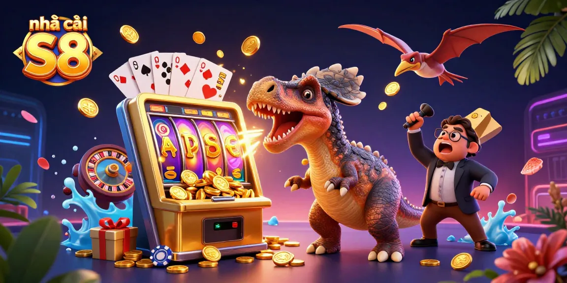 Experience the thrill of nhà cái S8 as a dinosaur headbutts a jackpot slot machine amid a vibrant casino scene.