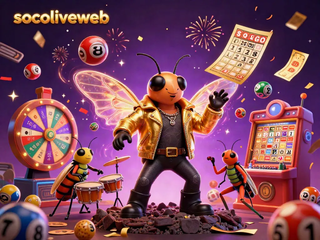 Experience the vibrant casino atmosphere with socoliveweb; a cicada rock star and band amidst colorful gambling elements.
