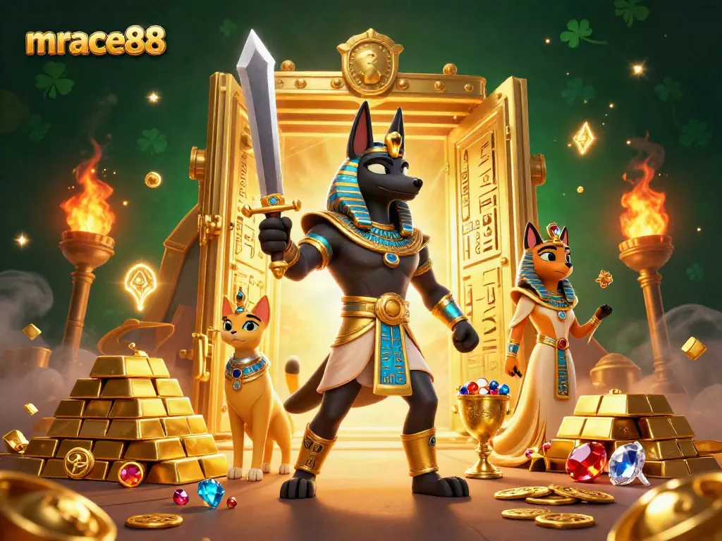Experience thrilling jackpots at mrace88 with Anubis and Bastet amidst treasures and adventure.