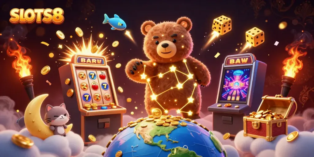 SLOTS8 Table Games Featuring a Golden Constellation Bear with Casino Symbols
