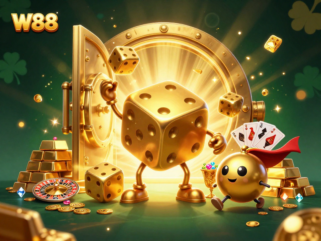 Experience thrilling W88 gaming with a dynamic scene featuring golden dice and treasures.