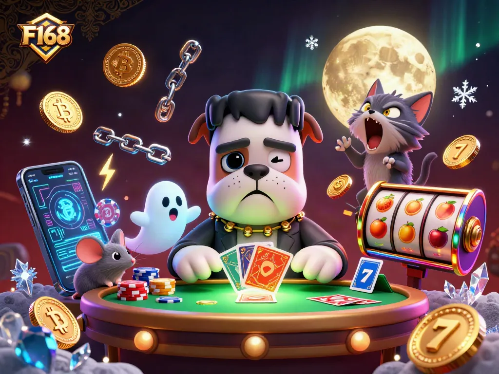 Engage with F168 as a 3D cartoon Frankenstein bulldog deals cards among exciting casino elements
