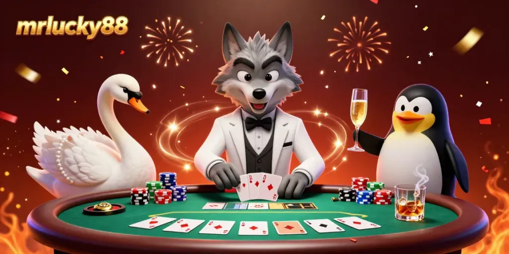 Experience the thrill of mrlucky88 at a vibrant casino scene with winning cards and celebratory effects.