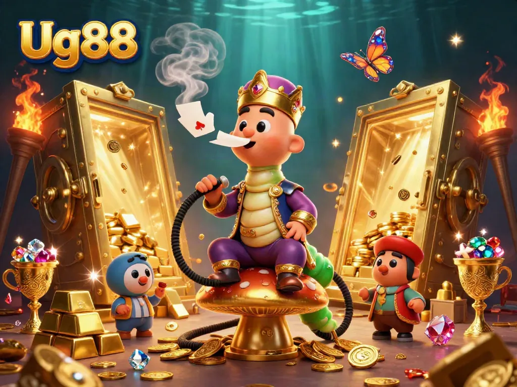 Experience the thrill of Ug88 with a lively scene featuring a magical caterpillar and casino treasures.