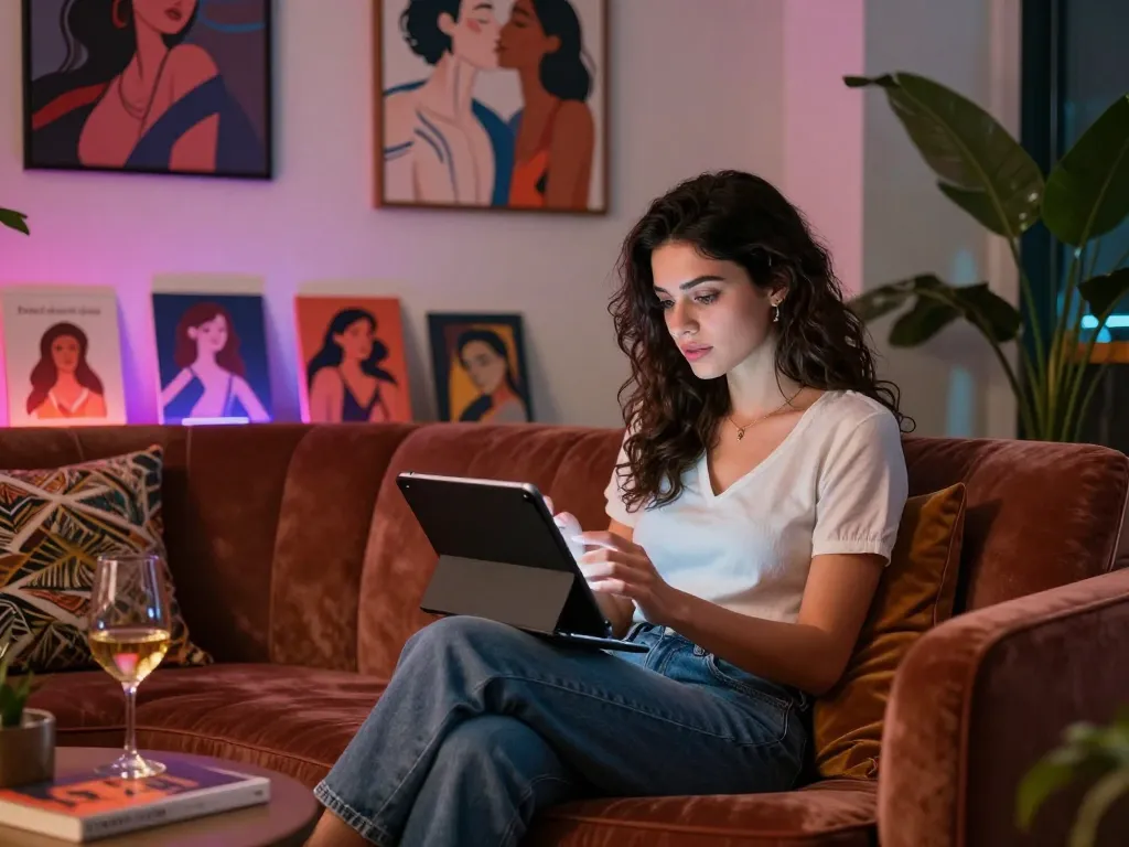 Young adult woman enjoying an intimate 18+ ai interaction in a cozy lounge.