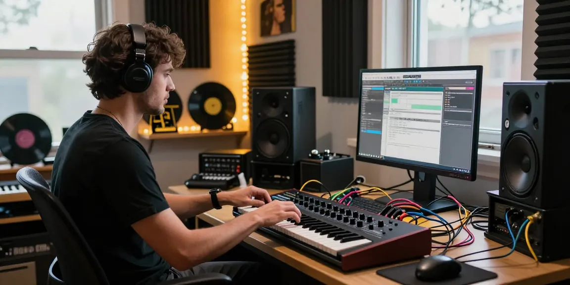 Creating music with SC88 sound module in a stylish home studio setup.