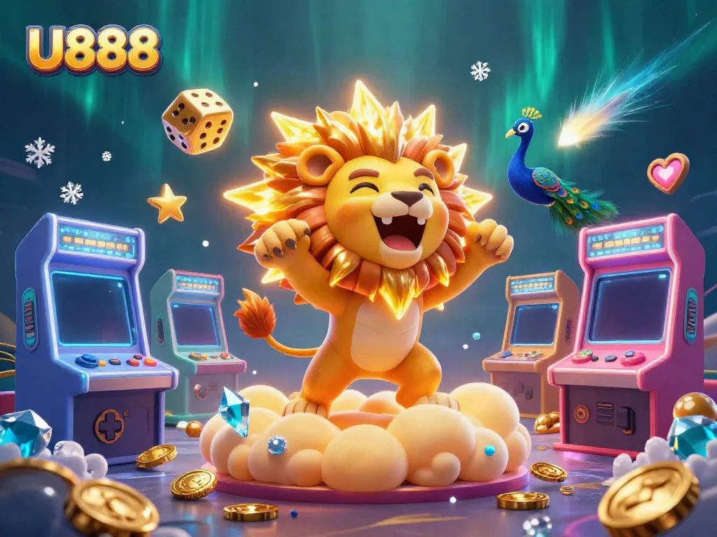 Experience thrilling U888 gaming with a roaring sun lion, golden dice, and vibrant arcade elements.