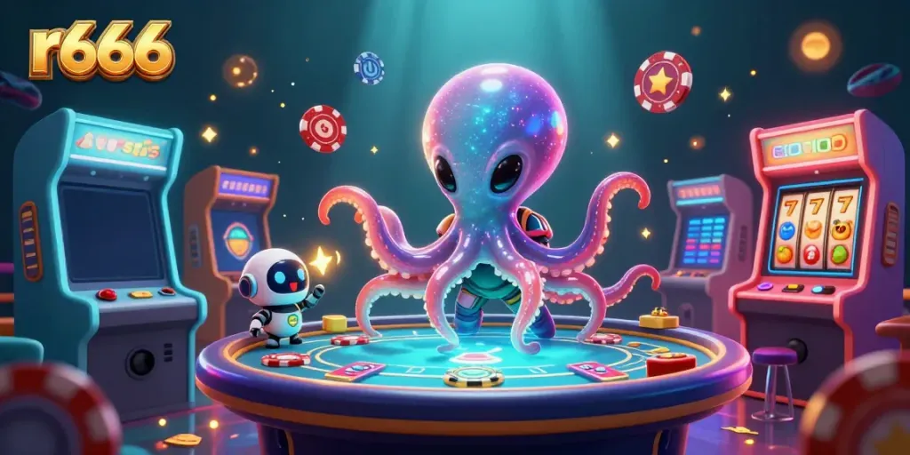 Play thrilling games at r666 with vibrant alien octopus and floating poker table