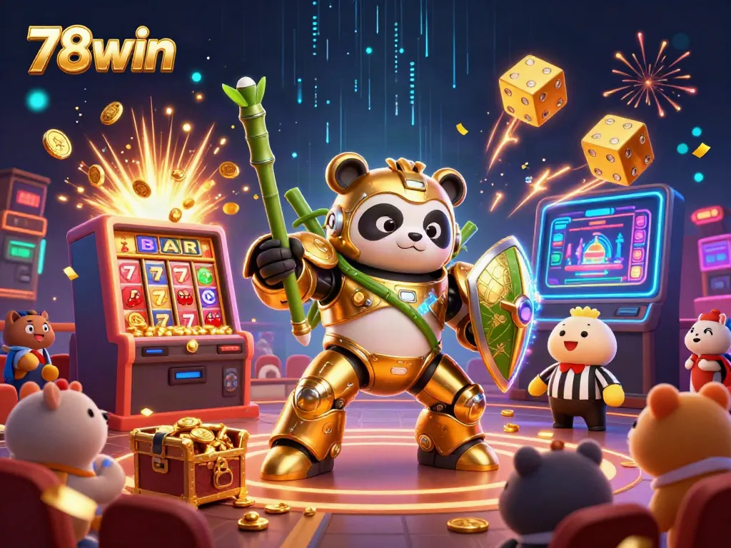 Experience thrilling 78win adventures with a golden panda championing a dynamic casino battle.