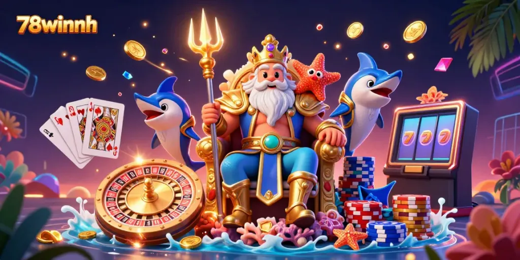 Engage with 78winnh's vibrant 3D casino illustration showcasing Neptune and gaming excitement.