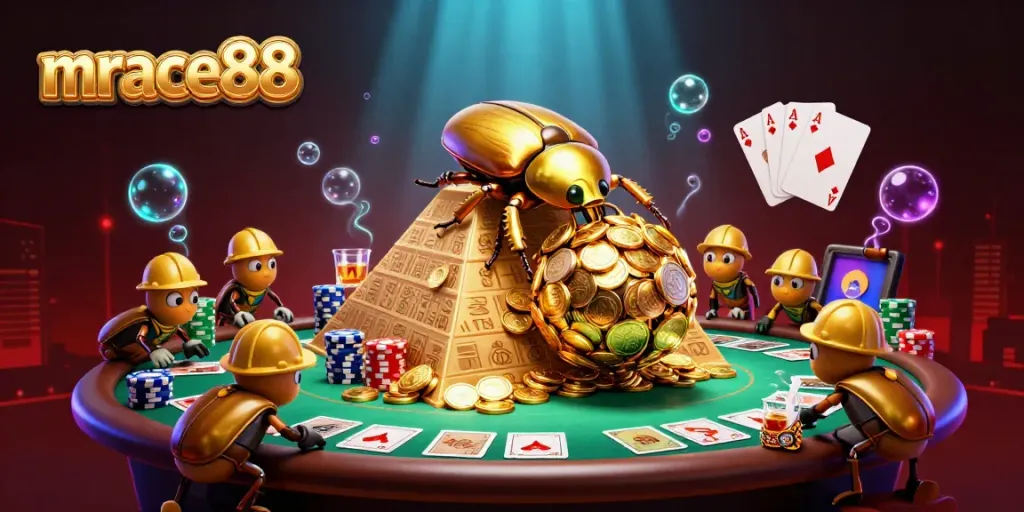 Experience thrilling gameplay at mrace88 with an illustration of a cartoon beetle rolling coins in a vibrant casino scene.
