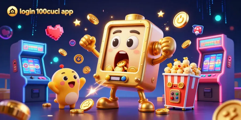 Spin to win with the login 100cuci app as a golden slot machine celebrates a big jackpot