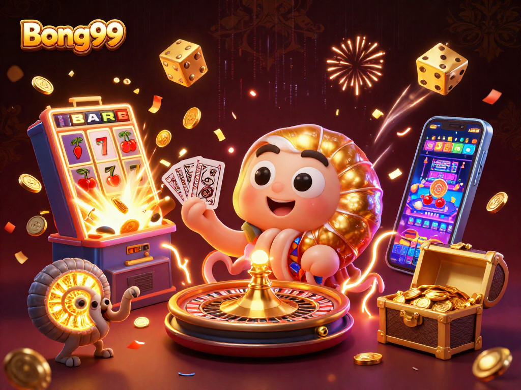 Bong99 features a nautilus roulette wheel among dazzling casino elements and vibrant slot machine jackpots.