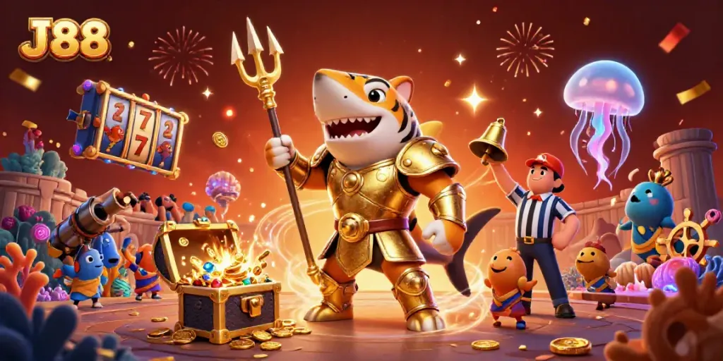 Experience thrilling gaming with J 88, featuring a shark in gladiator armor amidst vibrant underwater action.