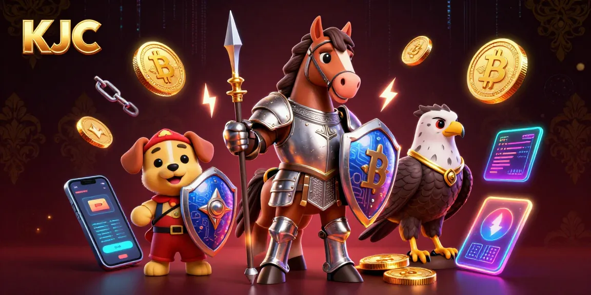 KJC's captivating gaming scene features a knight, squire, and falcon amidst vibrant digital gambling elements.