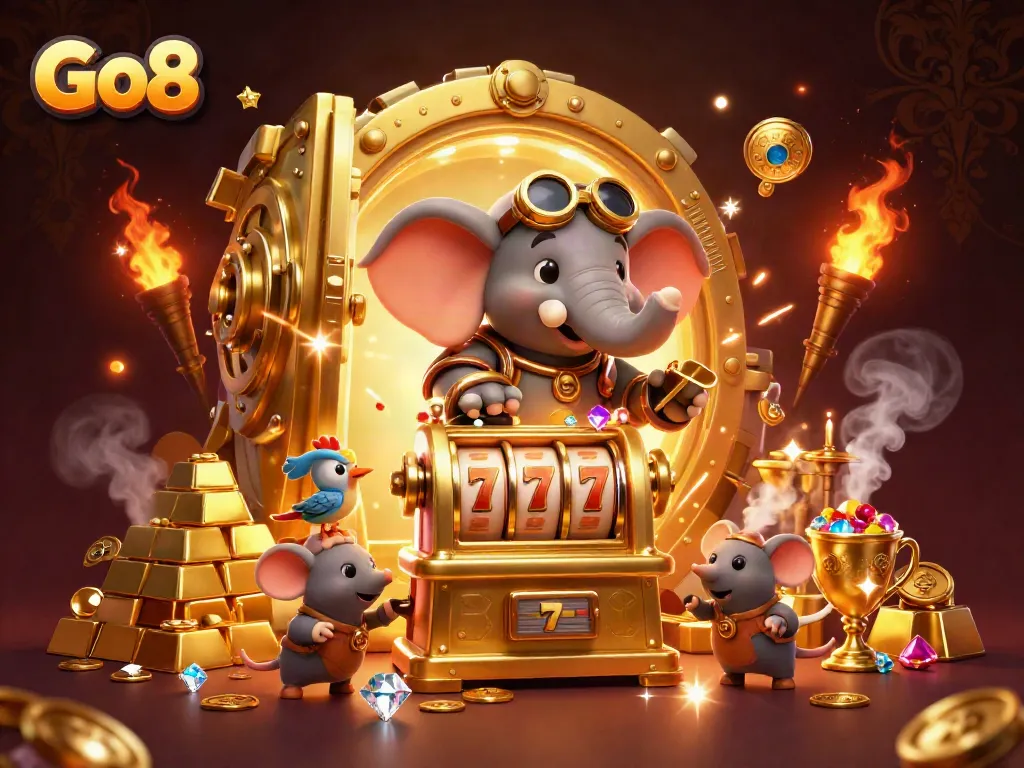 Experience thrilling gameplay with Go8 as a steampunk elephant operates a vibrant slot machine.