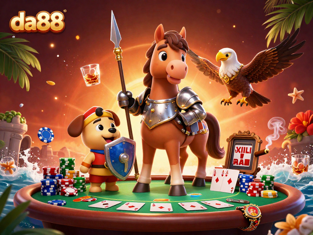 Engage with da88 by drawing poker action featuring a knight and puppy at the table.