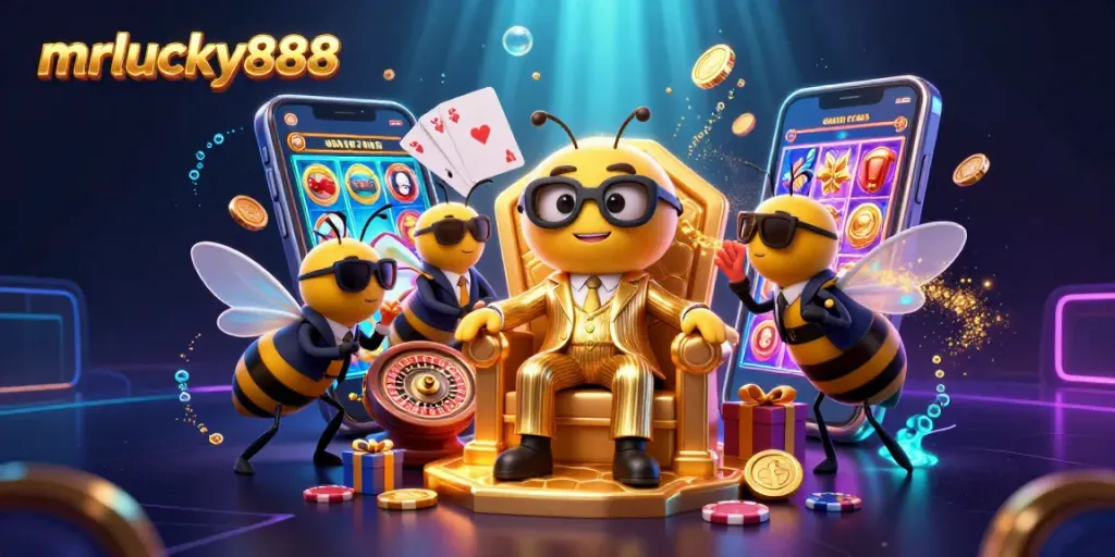 Experience the thrill of mrlucky888 in a vibrant casino scene with dynamic gaming elements.