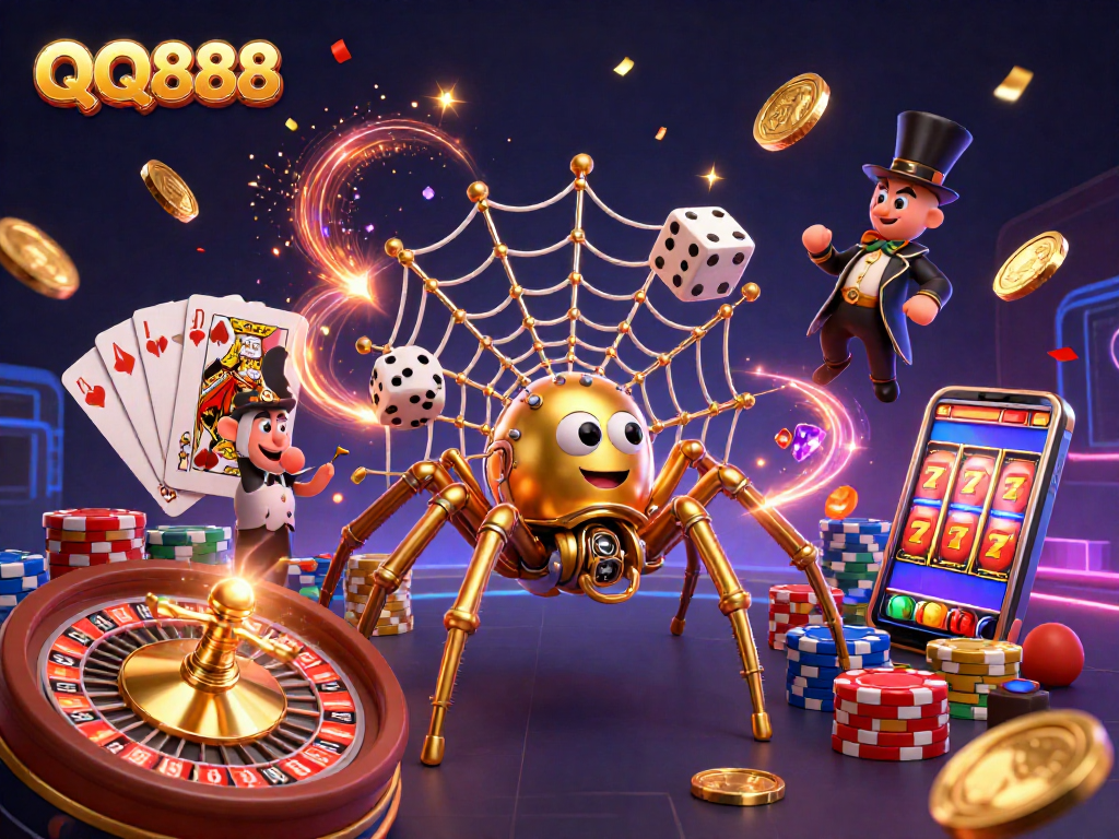 Play and win with QQ888 in this vibrant casino-themed illustration featuring steampunk elements and gaming excitement.